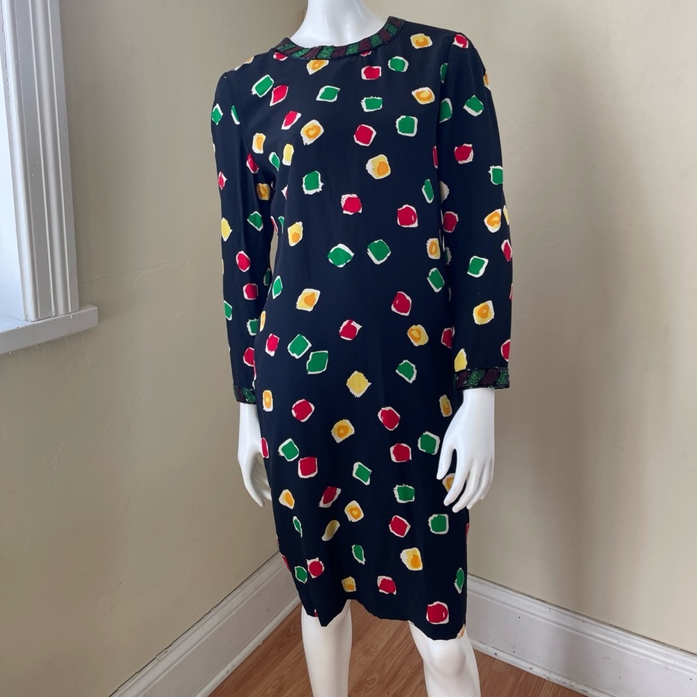 Vintage 80s Bill Blass Dress sz 4 colorful Silk Trapeze Shift Dress Art To Wear